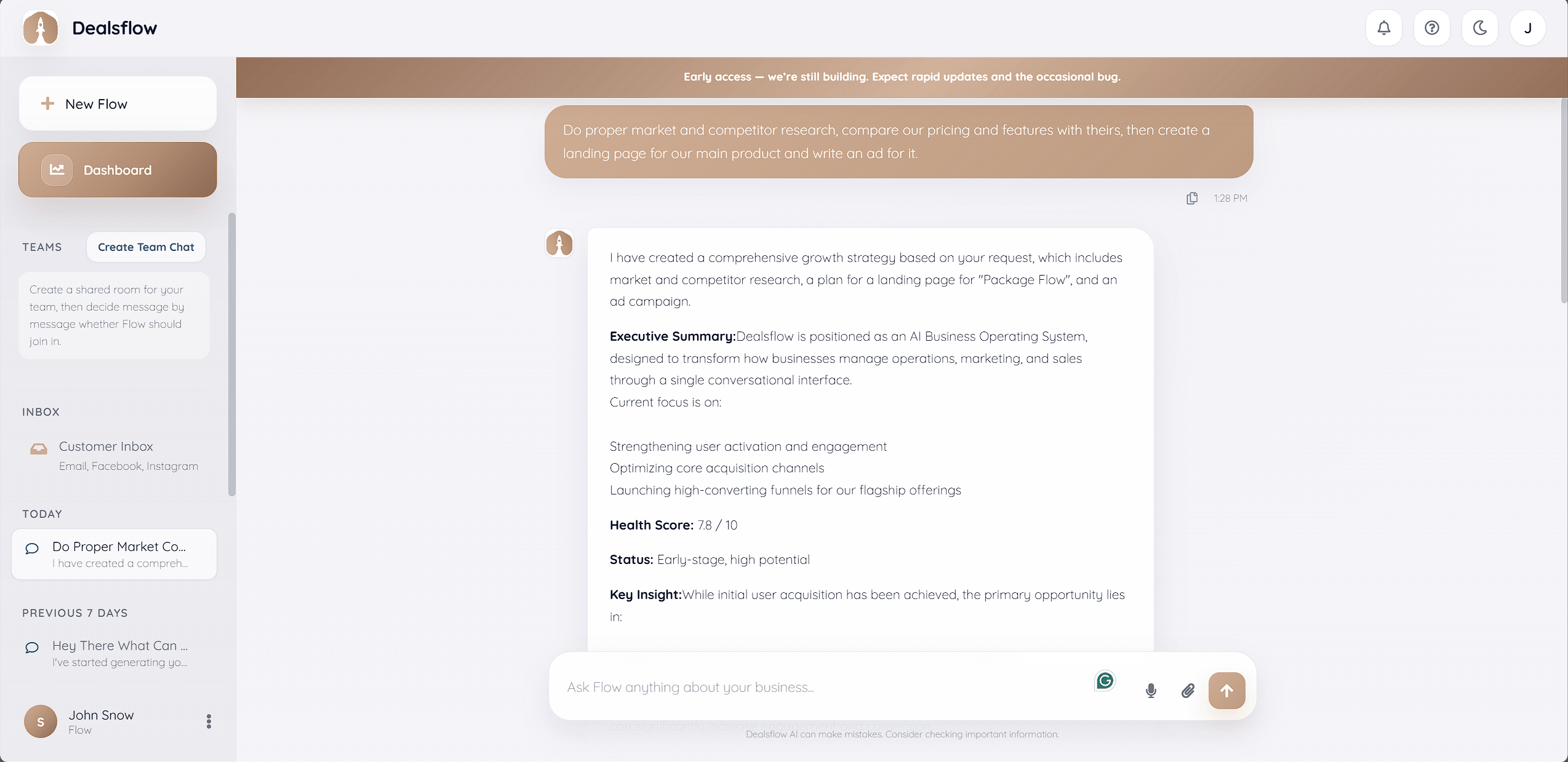 Dealsflow interface showing Flow generating a custom report